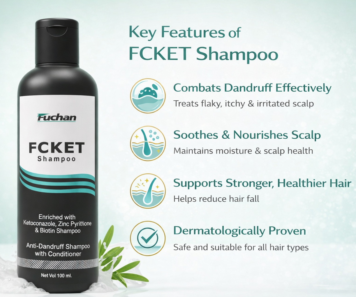 Fuchan FCKET Anti Dandruff Shampoo with Conditioner is a dual-action hair care solution